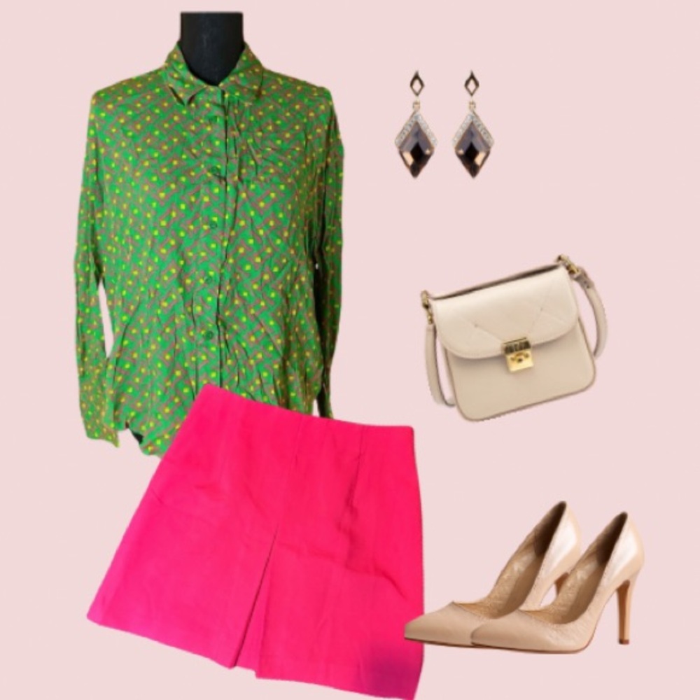 Pink Skirt and Green Patterned Blouse Set